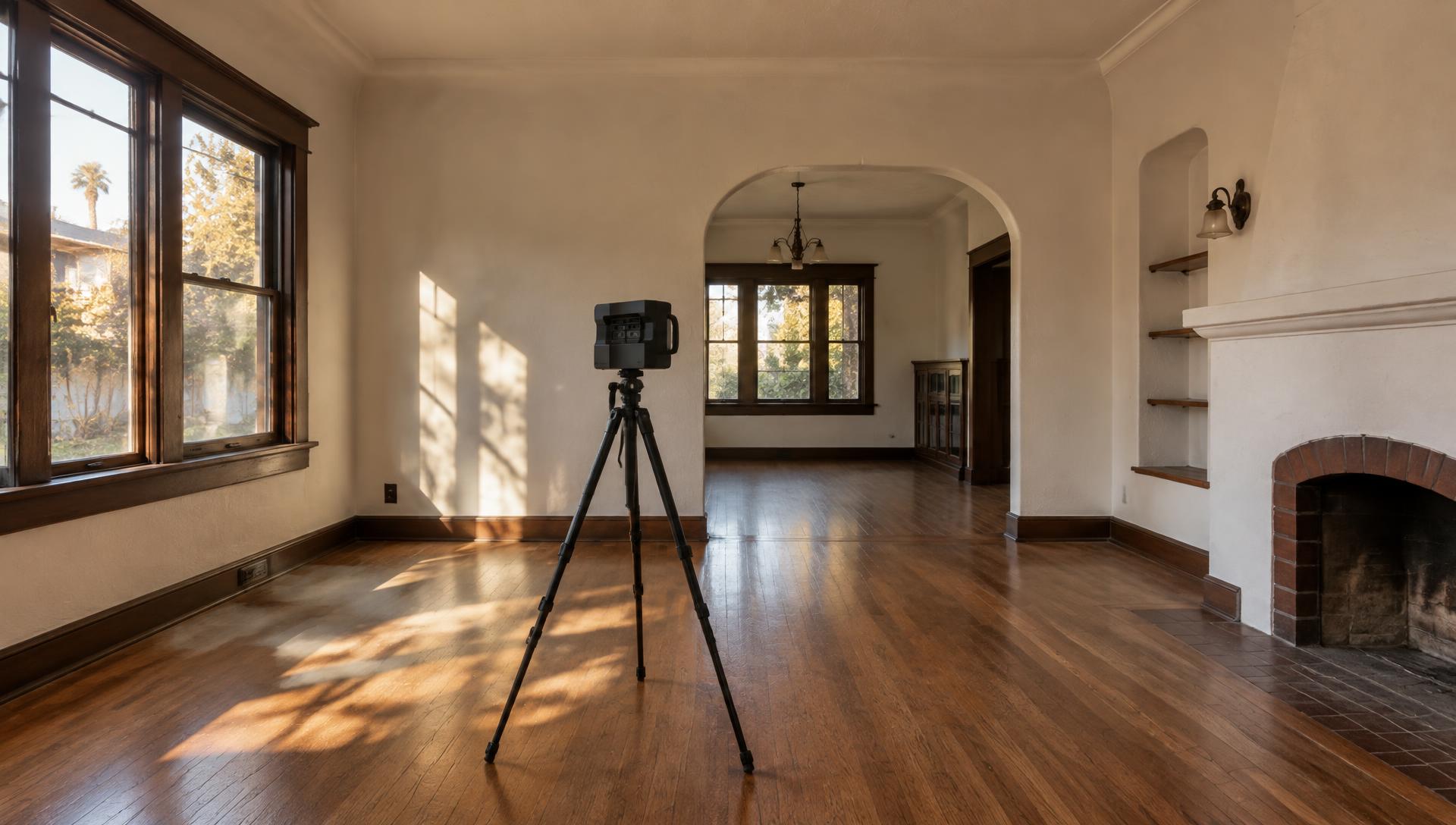 Existing living room being documented with a tripod-mounted 3D scanning camera