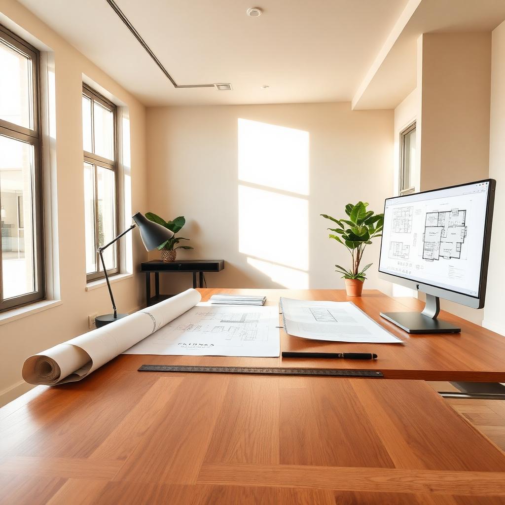 Long Beach Designers studio workspace with drafting table and floor plans