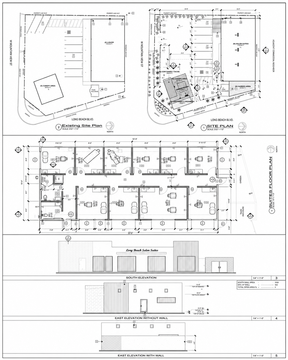 Long Beach Salon Suites — proposed site plan, suites floor plan, and building elevations