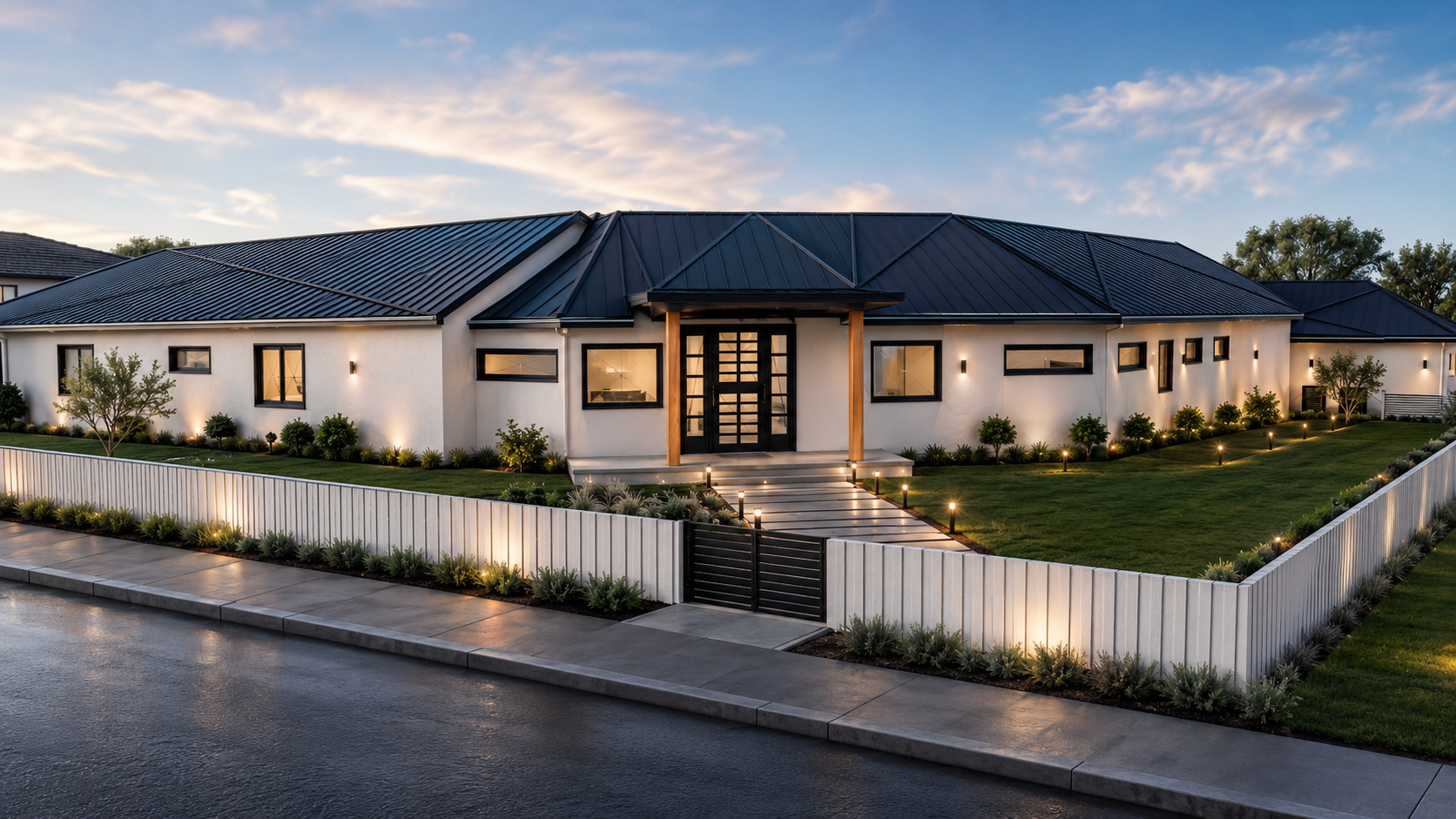 Chestnut Residence — proposed front elevation at dusk with metal roof and modern entry