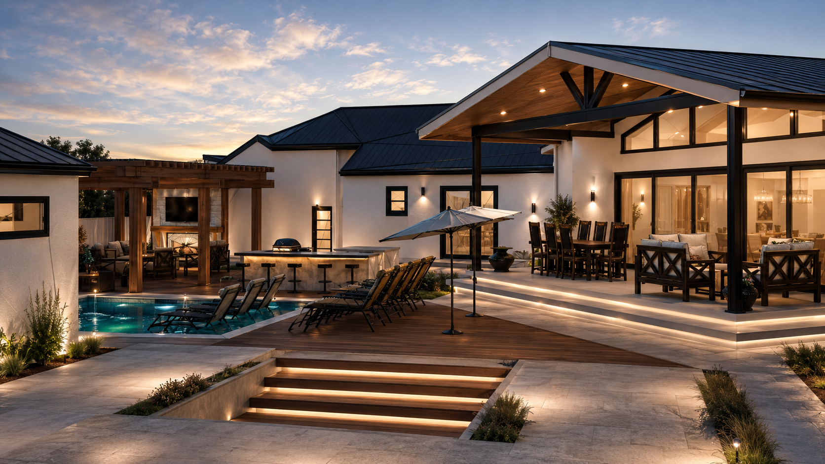 Chestnut Residence — proposed rear patio, pool, and outdoor dining pavilion at dusk