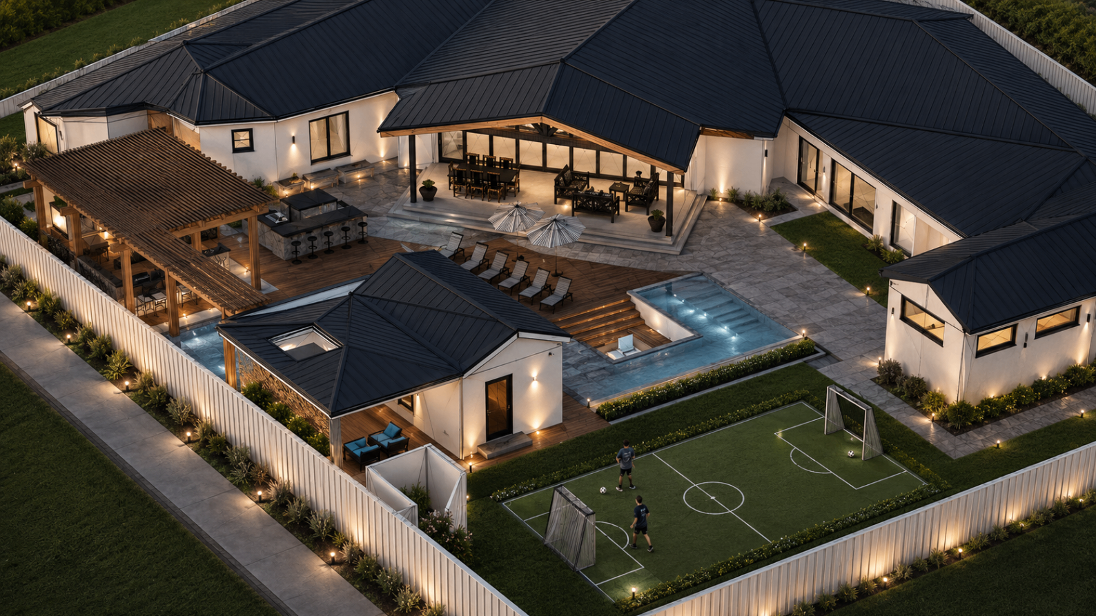 Chestnut Residence — proposed aerial view showing pool, pergola, and rear sport area