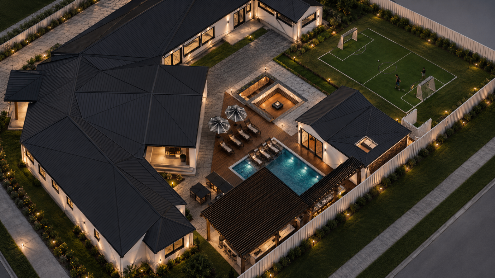 Chestnut Residence — proposed evening aerial with fire feature and sport court