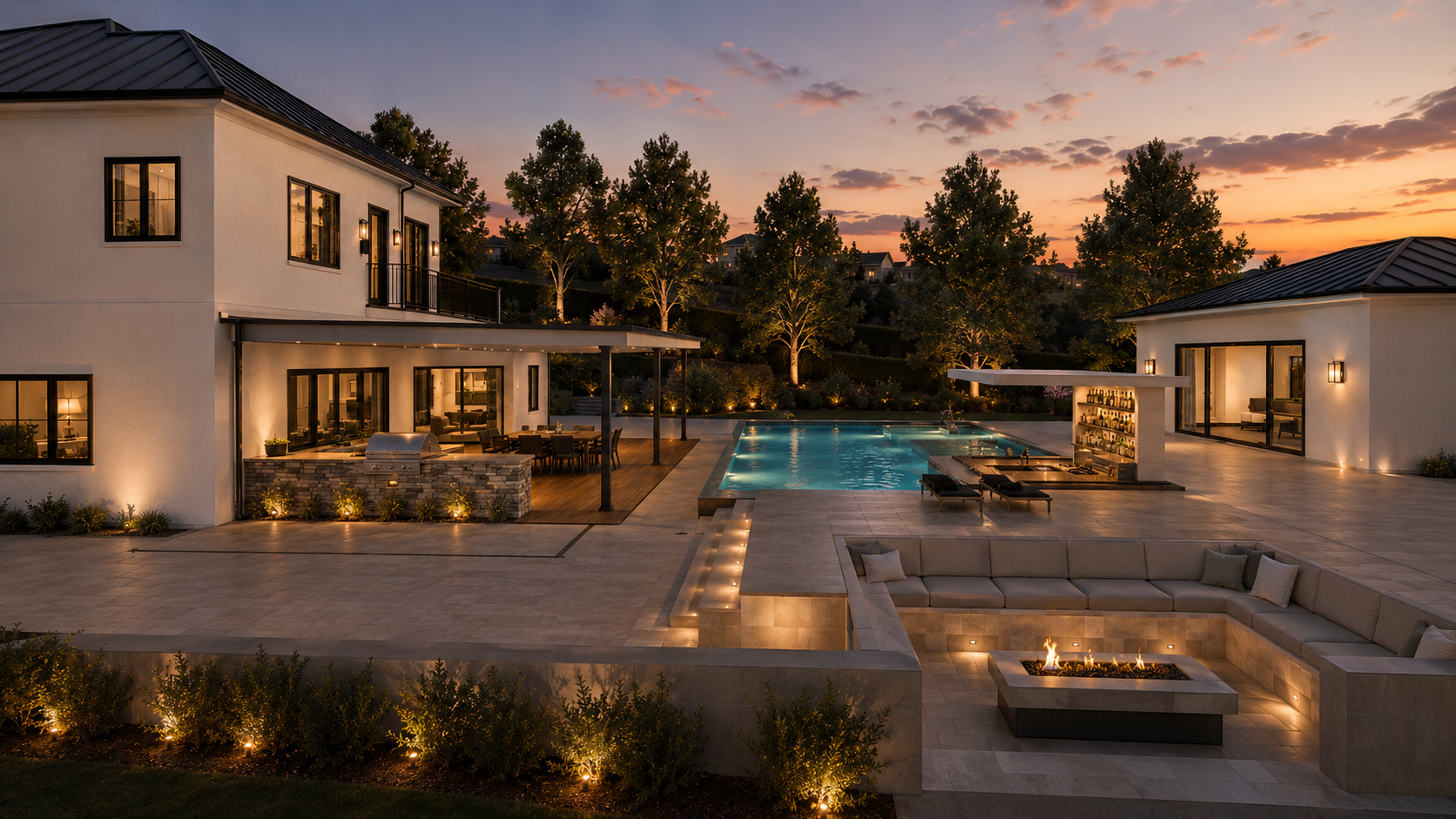 Hastings Heights — proposed rear yard rendering with pool, outdoor bar, and fire pit at sunset