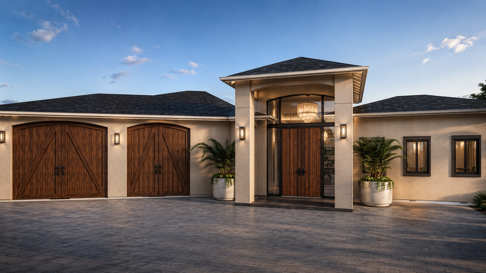 Hastings Heights Residence II — proposed entry elevation at dusk with timber garage doors and stucco facade