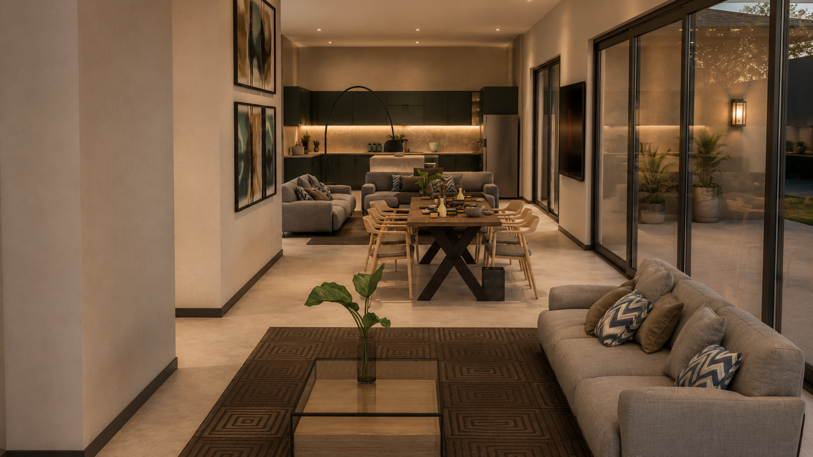 Hastings Heights Residence II — proposed open-plan interior with kitchen, dining, and living room at dusk