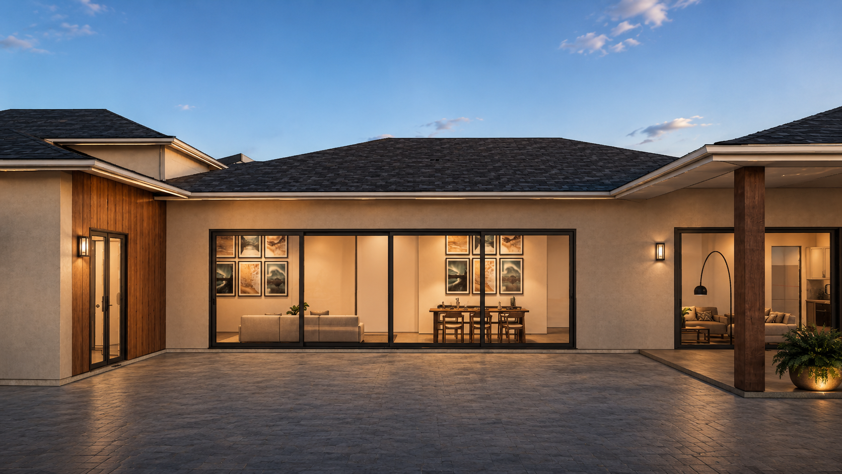 Hastings Heights Residence II — proposed rear courtyard elevation at twilight with sliding glass doors