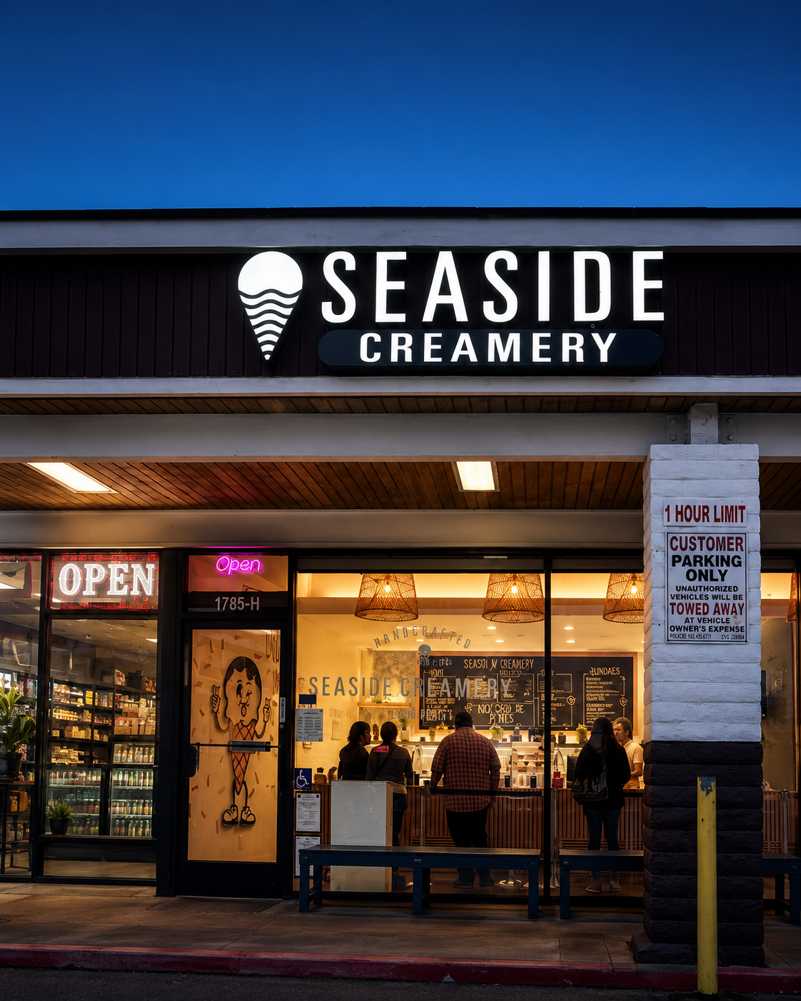 Seaside Creamery — approved exterior redesign of the Long Beach storefront at dusk