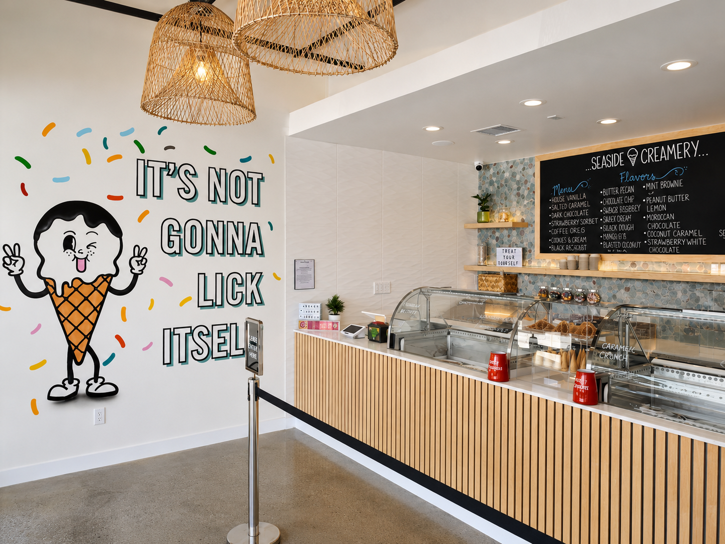 Seaside Creamery — approved interior service area with mural wall and service counter