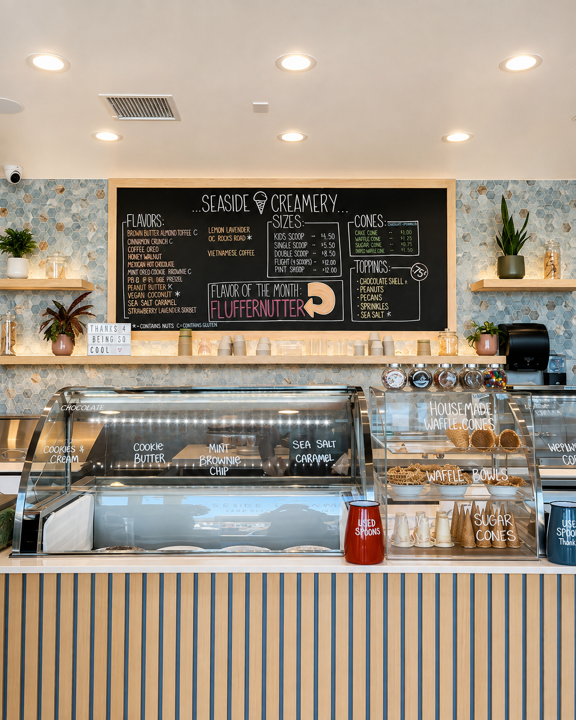 Seaside Creamery — approved counter and display area with menu board and tile backsplash
