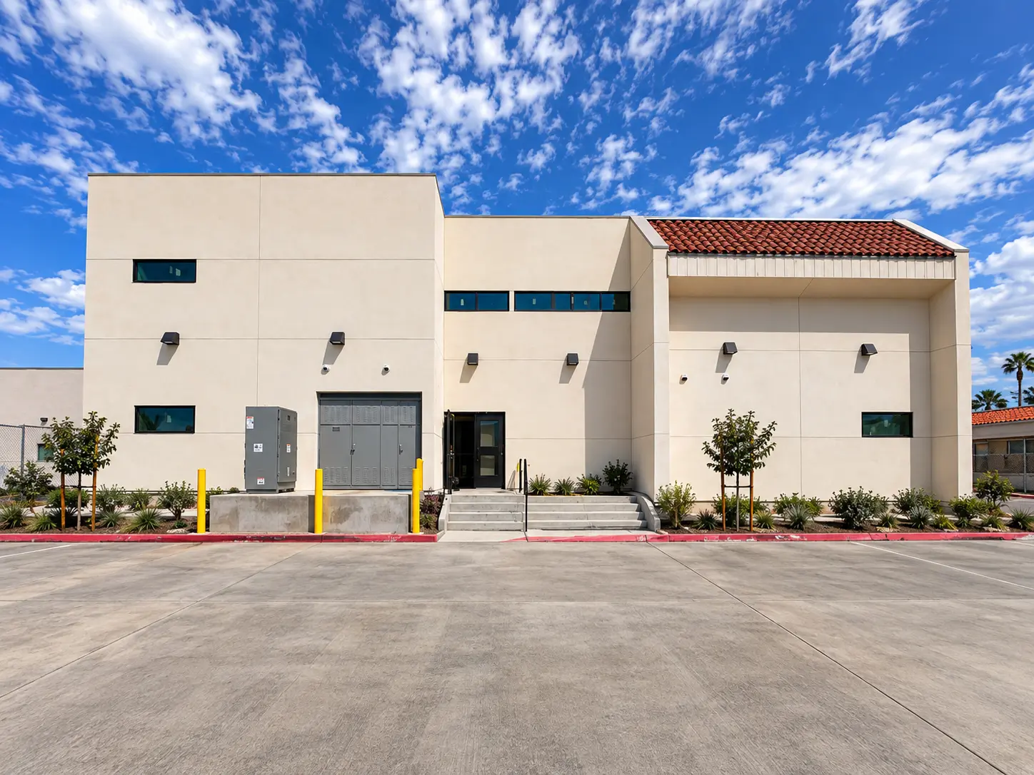 Medical office in Colton — front elevation with clay tile roof and entry stairs