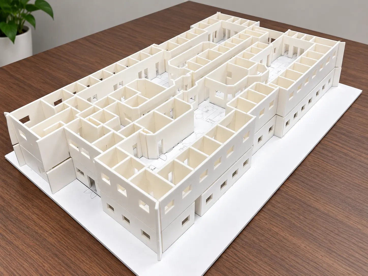 Physical foam study model of the medical office showing rooms, corridors, and openings from above
