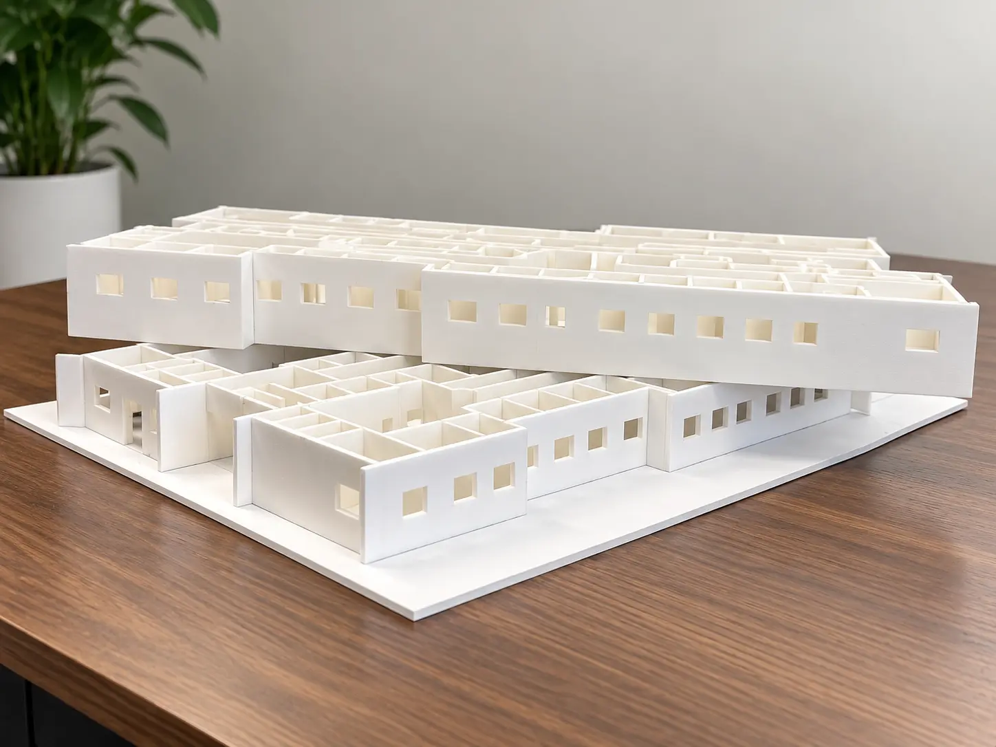 Physical foam study model with the upper floor lifted to reveal the ground floor plan
