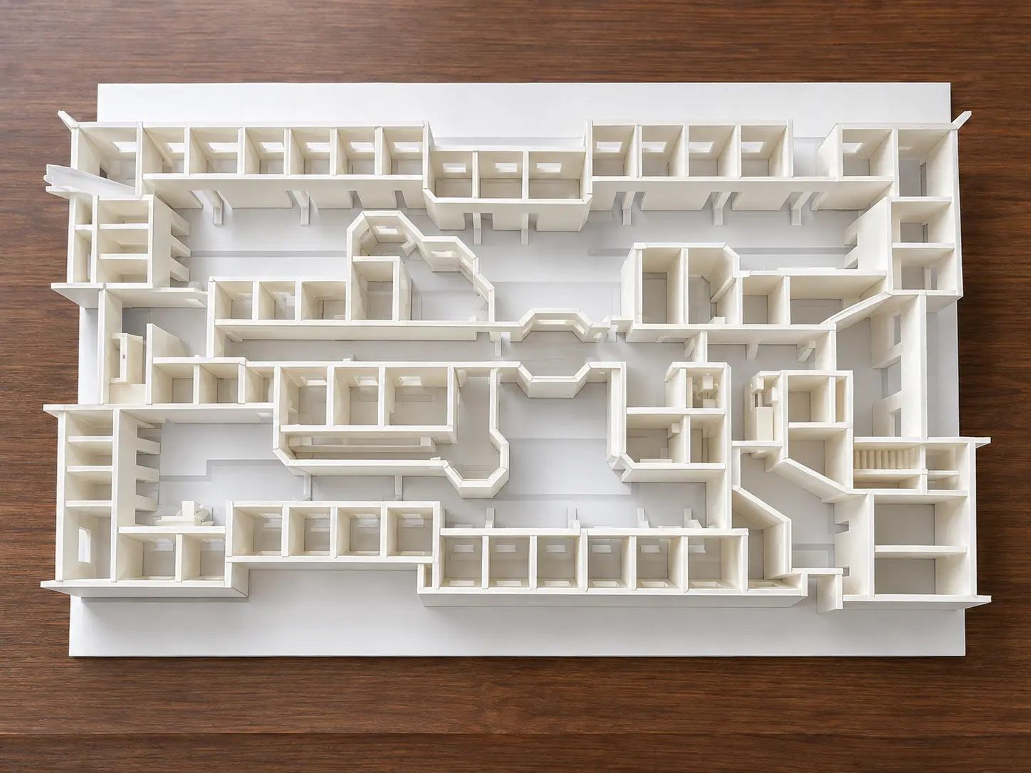 Overhead view of the physical foam study model showing the full floor plan of exam rooms and corridors